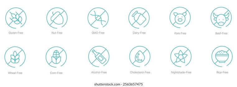 Gluten-Free, Nut-Free, GMO-Free, Dairy-Free, Pork-Free, Beef-Free, Wheat-Free, Corn-Free, Alcohol-Free, Cholesterol-Free, Nightshade-Free, and Rice-Free Vector Icon Set for Allergy-Friendly 