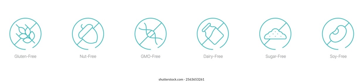 Gluten-Free, Nut-Free, GMO-Free, Dairy-Free, Sugar-Free, and Soy-Free Vector Icon Set for Allergy-Safe and Healthy Food Products