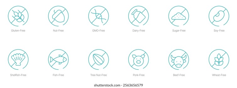 Gluten-Free, Nut-Free, GMO-Free, Dairy-Free, Sugar-Free, Soy-Free, Shellfish-Free, Fish-Free, Tree Nut-Free, Pork-Free, Beef-Free, and Wheat-Free Vector Icon Set for Allergy-Friendly 