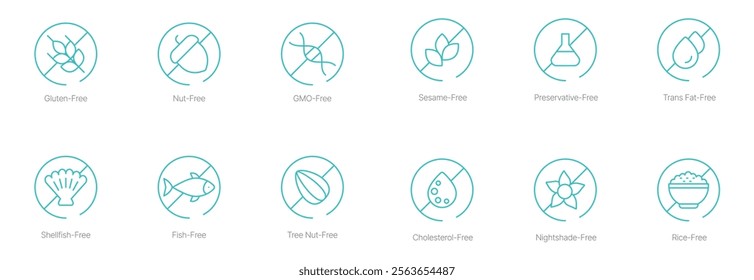 Gluten-Free, Nut-Free, GMO-Free, Sesame-Free, Preservatives-Free, Trans Fat-Free, Shellfish-Free, Fish-Free, Tree Nut-Free, Cholesterol-Free, Nightshade-Free, and Rice-Free Vector Icon Set 