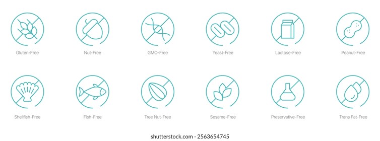 Gluten-Free, Nut-Free, GMO-Free, Yeast-Free, Lactose-Free, Peanut-Free, Shellfish-Free, Fish-Free, Tree Nut-Free, Sesame-Free, Preservatives-Free, and Trans Fat-Free Vector Icon Sets