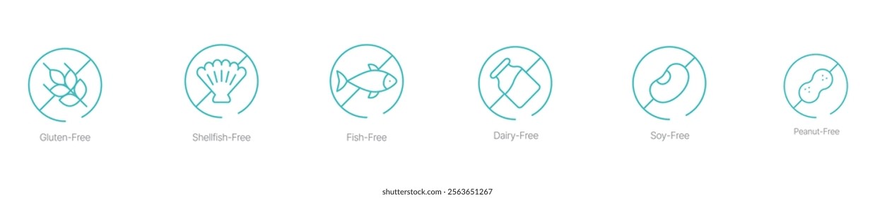 Gluten-Free, Shellfish-Free, Fish-Free, Dairy-Free, Soy-Free, and Peanut-Free Vector Icon Set for Allergy-Safe and Inclusive Food Labeling