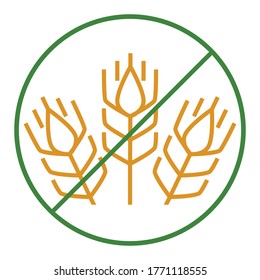 Signe sans gluten. Icône avec pointes jaunes sur un cercle vert croisé. Illustration vectorielle isolée sur fond blanc pour le design et le web.