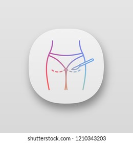 Gluteoplasty app icon. UI/UX user interface. Buttock augmentation and liposuction. Buttock lift surgery. Plastic surgery. Web or mobile application. Vector isolated illustration