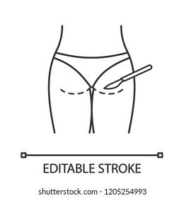 Gluteoplasty linear icon. Buttock augmentation and liposuction. Thin line illustration. Buttock lift surgery. Plastic surgery. Contour symbol. Vector isolated outline drawing. Editable stroke