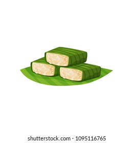 Glutinous rice in green banana leaves. Traditional Indonesian snack. Oriental sweets. Flat vector element for poster, flyer or menu