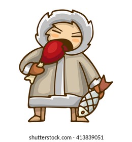 Glutton Eskimo with fish and ham, stylized cartoon funny character, color vector image.