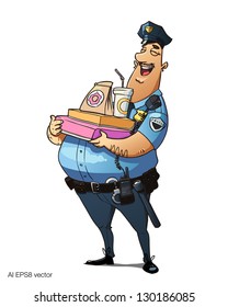 Glutton police officer with donuts and other fast food. Happy fat policeman holds fast-food. Vector illustration isolated on white background.