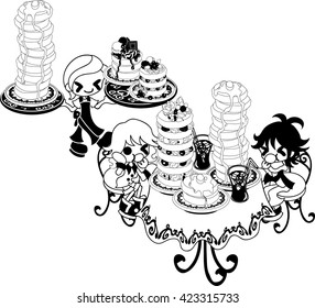 The gluttonous couple who stuffs its mouth with a large quantity of pancakes in the cafe
