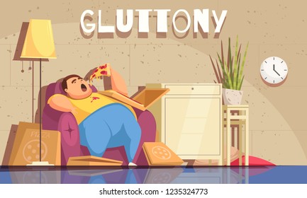 Gluttony background with obsessive eating and overweight symbols flat vector illustration