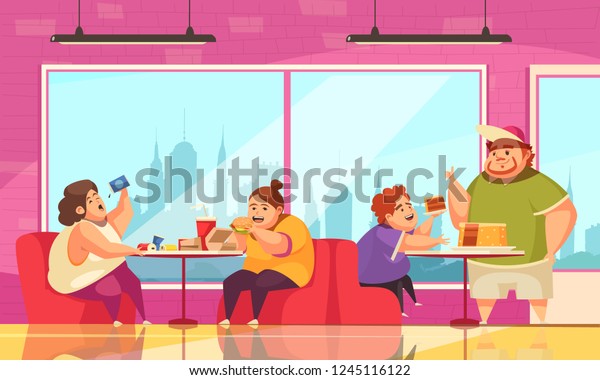 Gluttony and café background with people overeating symbols flat vector illustration. 