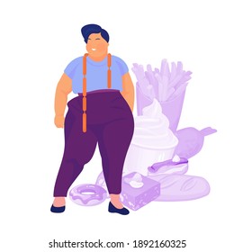 Gluttony concept. Fat and overweight person want to eat food. Vector