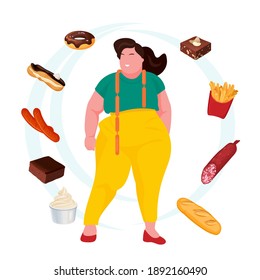 Gluttony concept. Fat and overweight person want to eat food. Vector