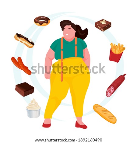 Gluttony concept. Fat and overweight person want to eat food. Vector
