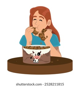 Concepto de gula, chica comiendo un montón de dulces. Niño con sobrepeso, mejillas llenas y agarrando un puñado de galletas. Ilustración vectorial.