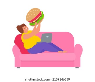 gluttony fat obese woman eating large burger lying on the sofa with laptop vector illustration
