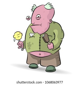 Gluttony. A fat, pimply bald man with an eskimo and candy. Vector cartoon