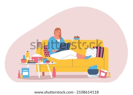 Gluttony flat composition with oversized woman with laptop sitting on sofa near table filled with food vector illustration