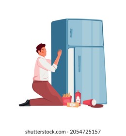 Gluttony flat concept with man hugging fridge with junk food on floor vector illustration