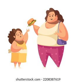 Gluttony flat concept with overweight daughter asking mum to give her burger vector illustration