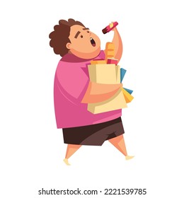 Gluttony flat concept with overweight teen going from supermarket and eating junk food vector illustration