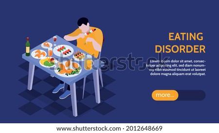 Gluttony horizontal banner with male character eating at table full of food and drinks 3d isometric vector illustration