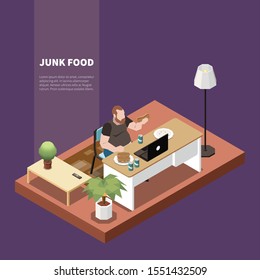 Gluttony isometric concept with man eating junk food and working on laptop 3d vector illustration