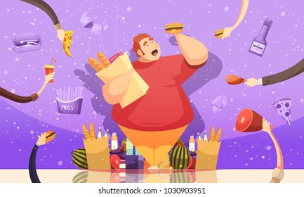 Gluttony que conduce al afiche de la caricatura de la obesidad con un hombre gordo sosteniendo hamburguesa y el paquete de artículos hechos a la vista ilustración vectorial