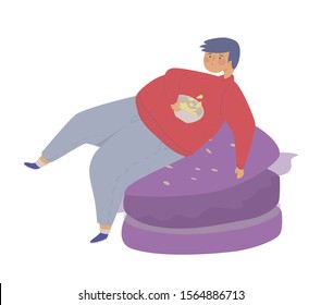 Gluttony, mental disorders flat vector illustration. Nightly overeating, food stress substitution, overweight concept. Sad man sitting on a burger eats chips, junk food.