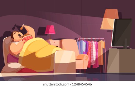 Gluttony night background with eating in bed symbols flat vector illustration