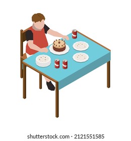Gluttony obsessive people isometric composition with teenage boy eating sweets drinking cola vector illustration