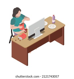Gluttony obsessive people isometric composition with human character eating junk food at computer table vector illustration