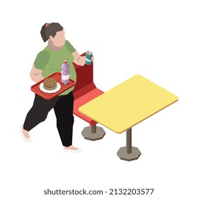 Composición isométrica de la gente obsesiva con la mujer gorda que llega a un restaurante de comida rápida ilustración vectorial