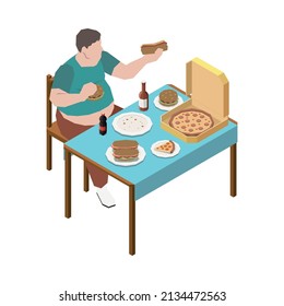 Gluttony obsesiona a la gente con composición isométrica con el hombre gordo comiendo pizza perros calientes beber cerveza ilustración vectorial