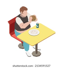 Gluttony obsesiona a la gente con composición isométrica con hamburguesa alimenticia de hombre gordo en restaurantes de comida rápida ilustración vectorial