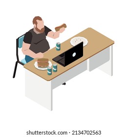 Gluttony obsessive people isometric composition with male character eating junk food at table with laptop vector illustration