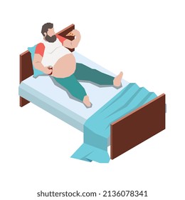 Gluttony obsessive people isometric composition with fat man lying in bed eating pizza with cola vector illustration