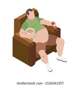 Gluttony obsessive people isometric composition with fat man sitting in armchair eating junk food vector illustration