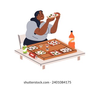 Gluttony and overeating concept. Hungry chunky woman eating lot of fat fast junk food, pizza, soda drink. Unhealthy high-calorie diet. Flat graphic vector illustration isolated on white background