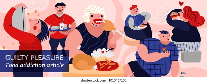 Gluttony And People With Food Addiction Article Symbols Flat Vector Illustration