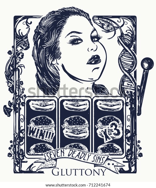 Gluttony. Seven deadly\
sins tattoo and t-shirt design. Fat woman, unhealthy food,\
overweight. Obese woman\
