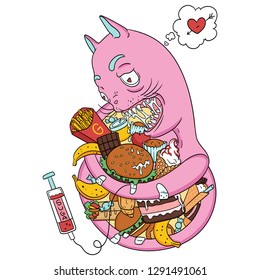 Gluttony. vector art with creepy pink cat. More food