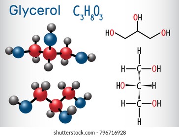 Glycerol (glycerine) molecule. Structural chemical formula and molecule model. Vector illustration