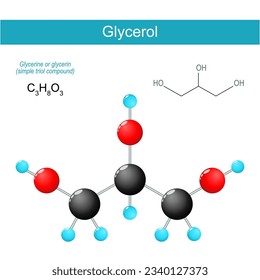 Glycerol molecule. molecular chemical structural formula and model of glycerine. Trihydroxy alcohol. Vector illustration