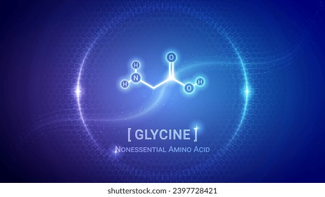 Glycine, Amino Acid Chemical Structure, Organic Compound, Molecule, Chemistry, Biology, Medical, Nutrition Futuristic Hologram Neon Glow Bright Translucent Backdrop Background Illustration