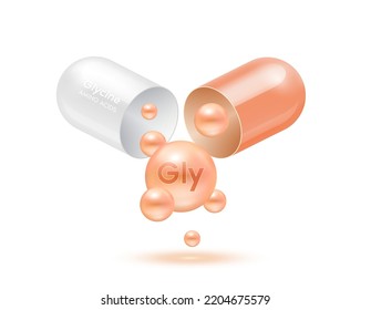 Glycine amino acid float out of the capsule. Vitamins complex and minerals orange isolated on white background. For food supplement ad package design. Science medic concept. 3D Vector EPS10.