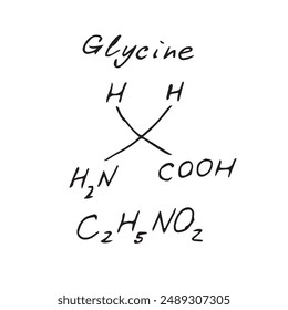 Glycine C2H5NO2 molecule formula. Hand drawn imitation of glycine structural model, chemistry skeletal formula, sketchy vector symbol
