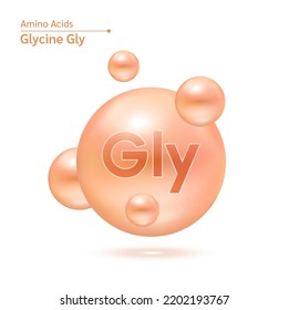 Glycine (Gly) amino acid capsules vitamins complex minerals. 3D Model of molecule orange isolated on white background. For food supplement ad package design. Science medic concept. Vector EPS10.