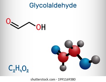 Glycolaldehyde molecule. It contains aldehyde group and hydroxyl group. Structural chemical formula and molecule model. Vector illustration