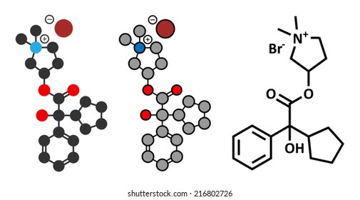 Glycopyrronium bromide (glycopyrrolate) COPD drug molecule. Has additional medical uses as well. Conventional skeletal formula and stylized representation, showing atoms (except hydrogen) as circles.
